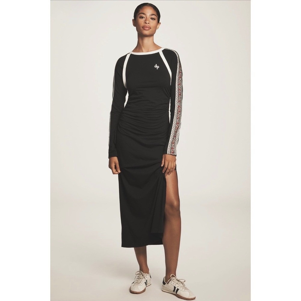 Daily Practice‎ Anthropologie Ruched Midi Dress Black Lace Sleeve Stripe XXS New